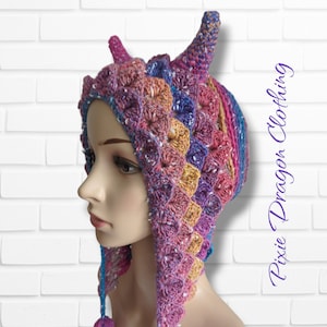 Fairy Hat with Horns, Pixie Dragon Bonnet, Crochet Fairy Hood with Horns, Fairy Hat, Dragon Hat, Mermaid Hood, Knitted Slouchy Hat,