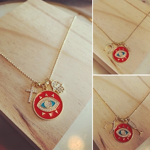Lucky eye Necklace, Evil eye enamel cahrm necklace, Multicharm necklace, wishbone charm necklace, champagne pendent, multicharm necklace