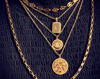 Gold CZ Evil Eye Medallion Necklace, Rainbow Necklace, Star Necklace, Heart Necklace, Layering Necklace, Goodluck Jewelry, Ojo Necklace