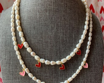 Mini Pearl Necklace, Mini heart charm necklace, Red Heart Pendent necklace, Pink heart charm necklace, Mini Pearl Heart Necklace,