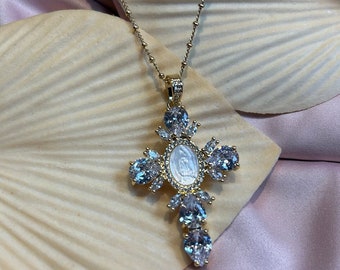 CZ Diamond Crystal Cross Necklace, Cross Necklace, Cross pendent, Diamond Cross  Necklace.  Gold Cross necklace. CZ Diamond Clusterr necklac