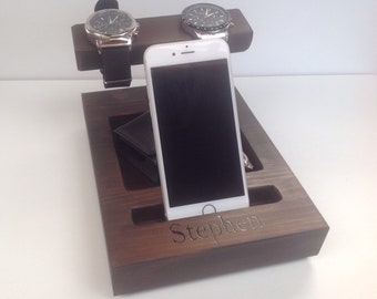 Personalised Twin wood watch stand wallet tray with phone holder