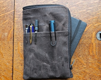 Notebook cover, EDC Pouch made with brown waxed canvas