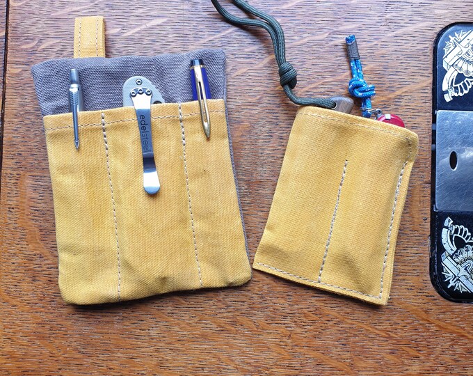 EDC pocket organizer Set " The Grand and the Slender" . Waxed canvas EDC Pouch for cards pens, pocket knife, flashlight