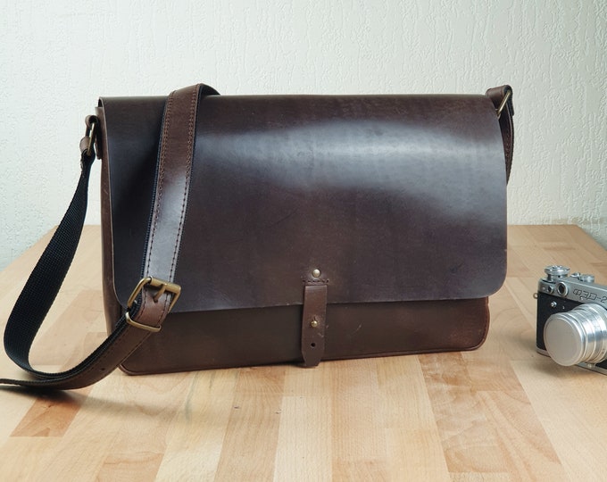Brown Leather crossbody laptop bag made with exceptional quality full grain vegetable tanned leather.
