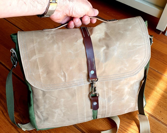 Haversack, Canvas messenger bag, made off a green army duffle and khaki waxed canvas & leather