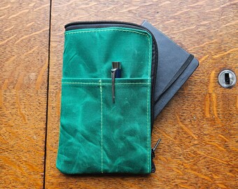 A6 Notebook cover, EDC Pouch made with green waxed canvas