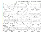 Coloring Pages Superheroes Set Black and White Line Art Printable Masks, kids costume, color mask, superhero birthday, photo booth props