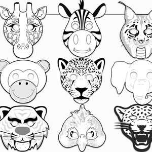 Jungle Animals Printable Coloring Masks jaguar tiger | Etsy