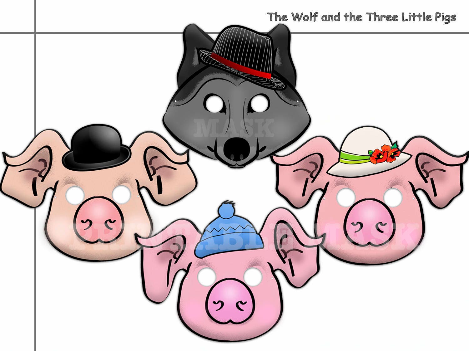Unique Wolf and the Three Little Pigs Printable Masks party Etsy