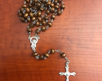 Men&#39;s Brown Wood Rosary Cross Necklace, Baptism, First Communion, Confirmation, Religious Gift