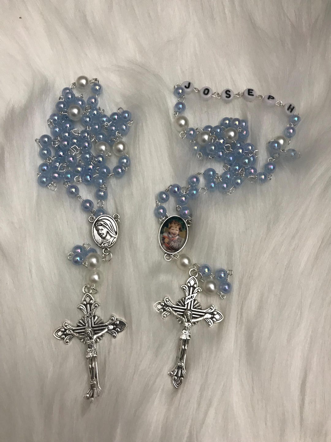Personalized First Communion Rosary: Blue Pearl Beads, Custom Name ...