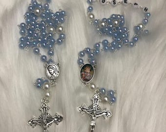Personalized First Communion Boys Rosary, First Holy Communion Gift, Confirmation Rosary, Baptism Gift, Custom Name, Photo, Blue Rosary