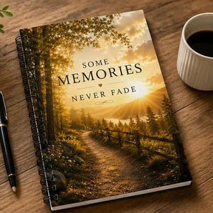 May include: A spiral-bound notebook featuring a sunset landscape with a forest path and the text SOME MEMORIES NEVER FADE. The cover displays golden light filtering through trees, a wooden fence, and a distant mountain. A black pen rests beside it.