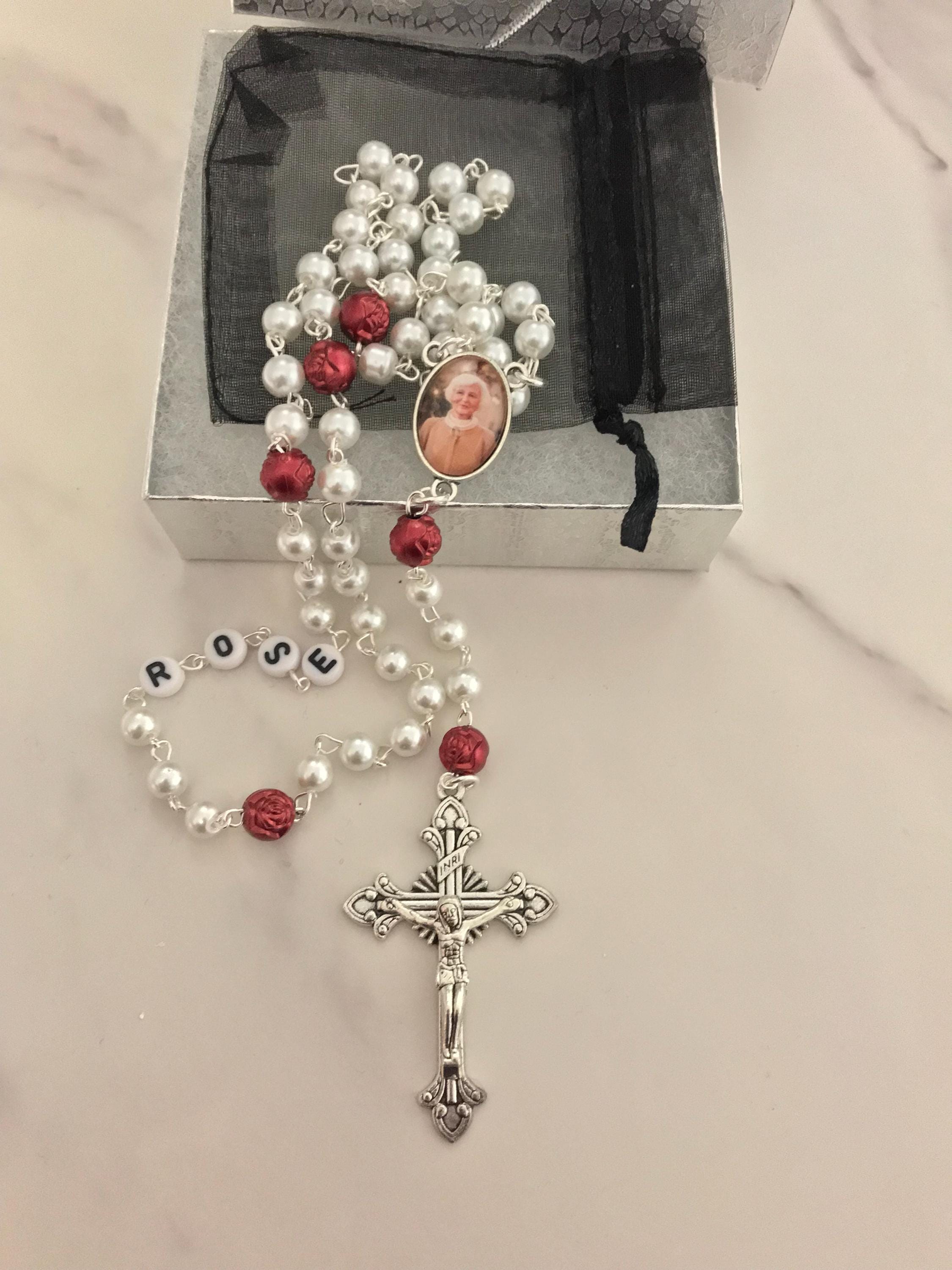 Personalized Custom Photo Name Memorial Rose Rosary Necklace, Sentimental Sympathy Bereavement Remembrance Funeral Keepsake Picture Gift