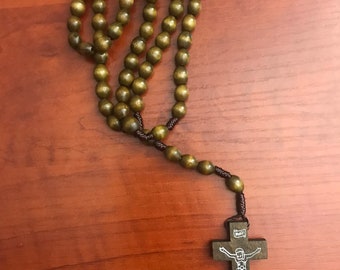 Men&#39;s Corded Wood Rosary Cross Necklace, Baptism, First Communion, Confirmation, Religious Gift