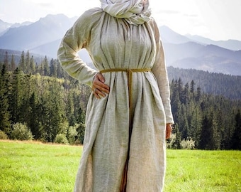 Leinen Pskov Unterkleid mit Plissee am Ausschnitt, Wikinger Kleid