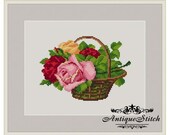 Vintage Basket Roses 1 Cross Stitch Pattern PDF Berlin Woolwork Pattern Petit Point Antique Needlepoint Victorian Roses Flowers Miniature