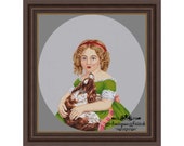 Antique Needlepoint Tapestry Girl and King Charles spaniel Berlin woolwork pattern PDF Vintage Art cross stitch Dog Portrait