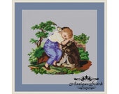 True Friend Antique Needlepoint Tapestry Boy with a Dog Berlin woolwork pattern PDF Vintage Art cross stitch Children Portrait