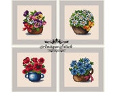 SET 4 Flowers in pots Cross Stitch Pattern PDF Berlin Woolwork Petit Point Vintage Needlepoint Poppy Pansy Daisy Cornflowers Miniature
