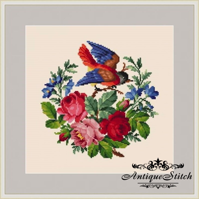 Antique Needlepoint Bird in Flowers 2 Vintage Cross Stitch Etsy