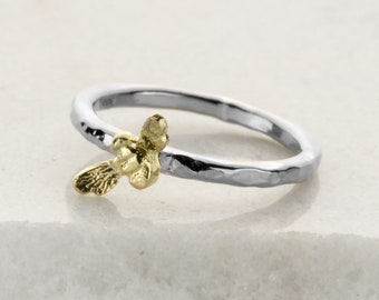 Silver and gold tiny bee stacking ring