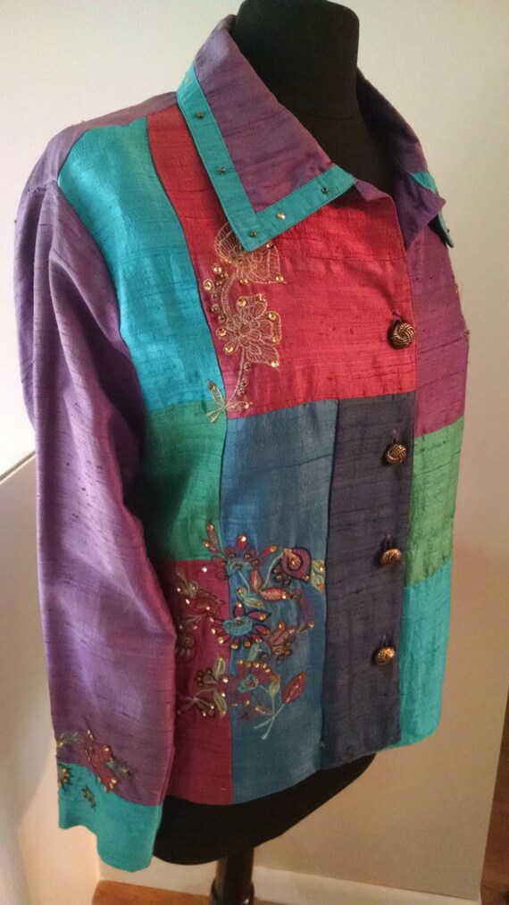 70s Silk Jacket / Patchwork Colors / Tussah Silk w