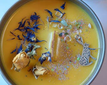 Ostara Spring Equinox candle,Easter, Eostre, Candle with Crystals, Witchy Wiccan Pagan candle, spring flower fragrance.