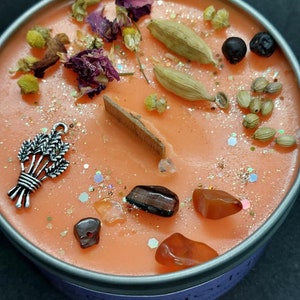 Lughnasadh, Lammas, A beautiful Sabbat Witchy Wiccan Pagan candle with crystals and botanicals, celebrate a turn in the Wheel Of The Year.