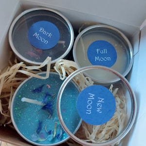 3 Moon Ritual Candles, Moon Esbat, Moon Goddess, Pagan Wiccan, Witchy Luna,Candles for Moon Ceremonies. Option 2 gift box with ribbon tie.