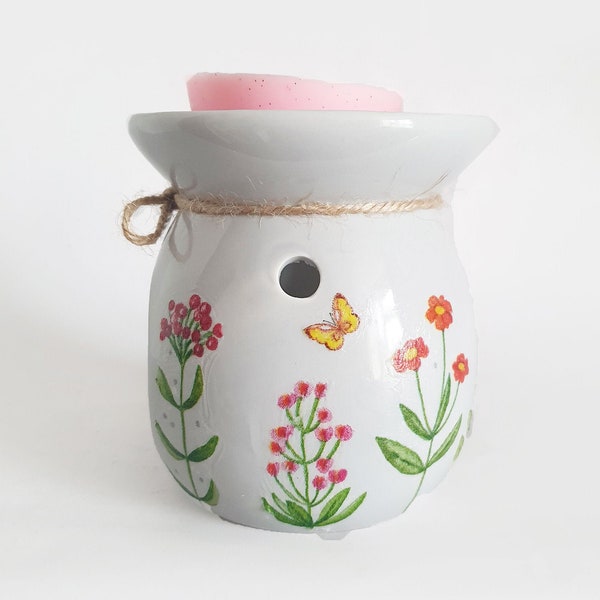 Flower Oil Burner, Wildflower Design Hand Decorated Grey Wax Warmer, Wax Melter, FREE Wax Melt and Tealight Floral, Flowery, Ceramic Home