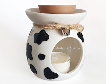 Cow Print Burner, Cow Pattern Wax Melter, Dalmatische oliebrander, zwart-wit, GRATIS waxmelt en theelichtje, unieke, zeldzame, monochrome geschenken