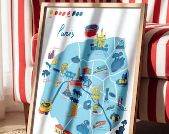 Paris Illustrated Map Print: France City Wall Art, Poster A3,A4, Romantic Parisian Gift