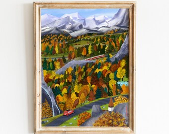 Swiss Autumn travel art poster |Swiss Alps fall art| Switzerland travel artwork |Autumn in the mountains illustration