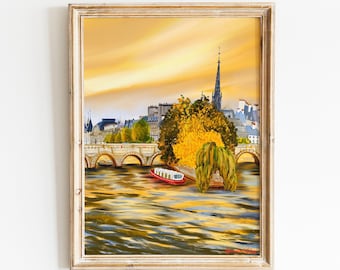 île de la Cité Paris autumn art |Golden autumn Parisian artwork |Sunset on River Seine art poster