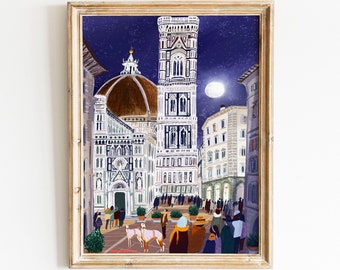 Florence night art poster |Full Moon Florence art|Santa Maria del Fiore