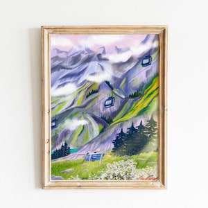 Schweizer Alpen Poster | Schweiz Reise Bergwandern Illustration | Schweizer entkommen Kunstwerk | Berge Wandbild