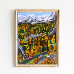 Cartel de arte de viajes de otoño suizo /Arte de otoño de los Alpes suizos/ Obra de arte de viajes de Suiza /Otoño en la ilustración de las montañas