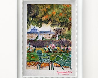 Autumn in Tuileries Garden tiny watercolor painting |small original Parisian artwork