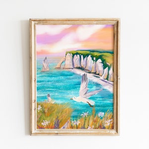 Cartel de arte de la puesta de sol rosa de Etretat/ Decoración del hogar del océano y las gaviotas /Etretat Normandy France Wall Art