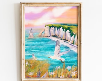 Etretat pink sunset  art poster| Ocean and seagulls home decor |Etretat Normandy France Wall Art