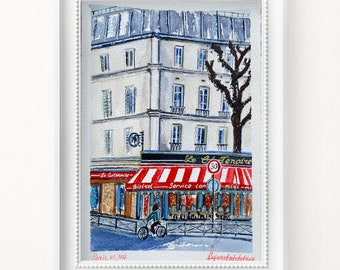 Parisian cafe  Art | Tiny Paris watercolor |Paris architecture sketch |original Paris watercolor