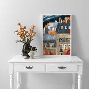 French architecture autumn posterParis buildings autumn wall printFall landscape artAutumn paintingParis city printBedroom decor image 3