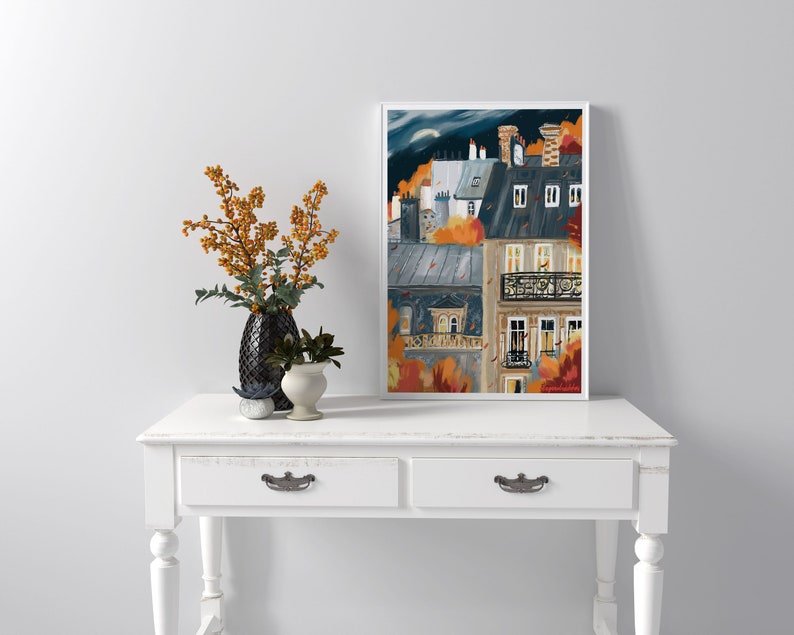 French architecture autumn posterParis buildings autumn wall printFall landscape artAutumn paintingParis city printBedroom decor image 3