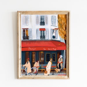 May include: A painting of a Parisian cafe with a red awning that says "Parisii Pour Boire et Manger". There are people walking by and sitting at tables outside the cafe.