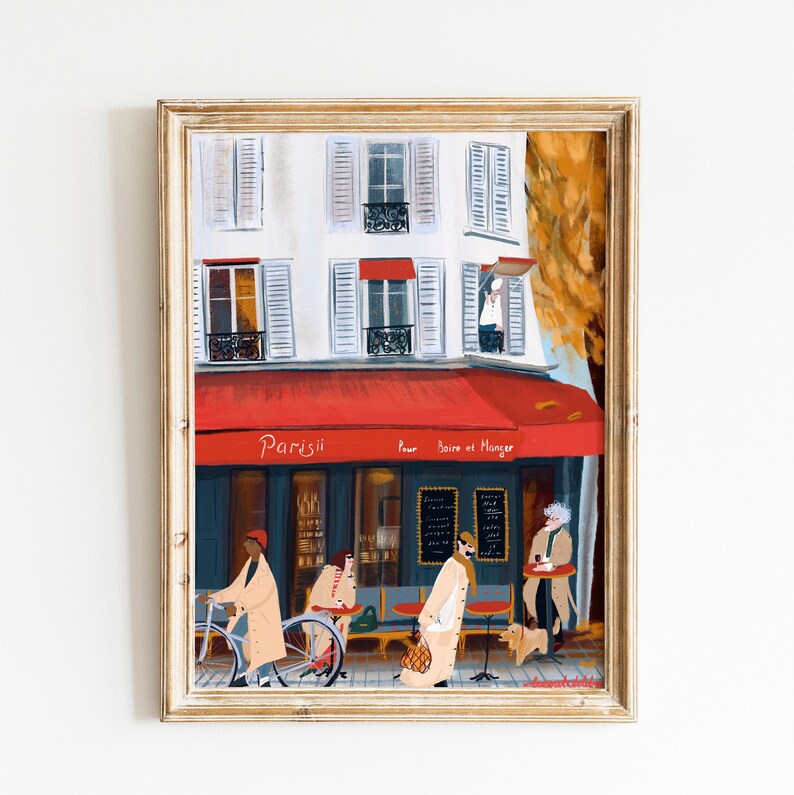 May include: A painting of a Parisian cafe with a red awning that says "Parisii Pour Boire et Manger". There are people walking by and sitting at tables outside the cafe.