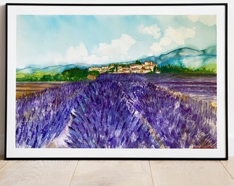 Lavender Field Original Watercolor Painting: Valensole Provence Art