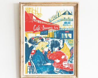Print Parijse café: kleurrijk terras, stedelijke levensstijl