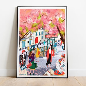 Almond Blossom living room gallery wall decor|Paris metro living roomPrint|Spring city illustrated home decor Poster